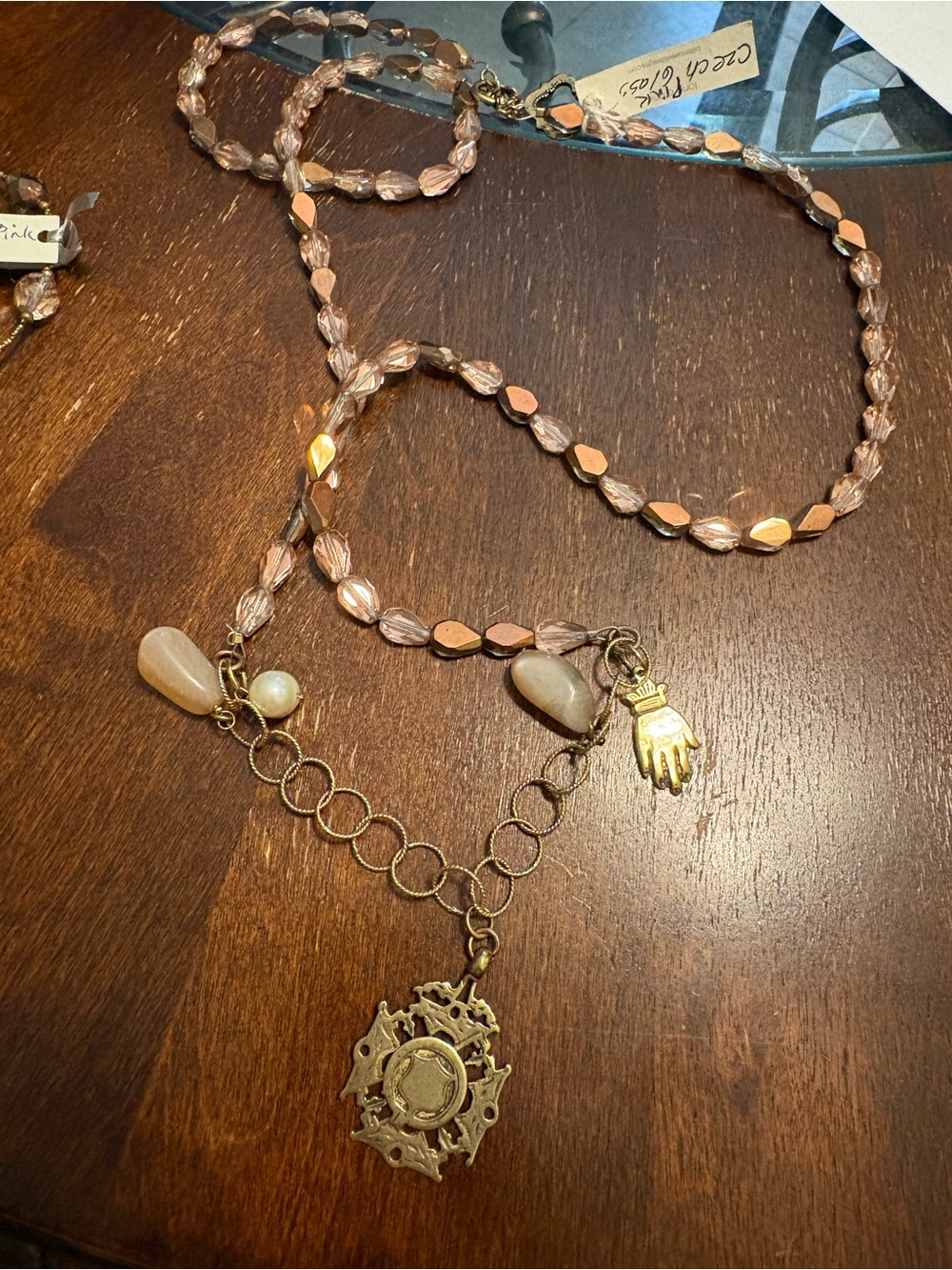 Vintage-Inspired Pink Beaded Pendant Necklace with Gold Charm